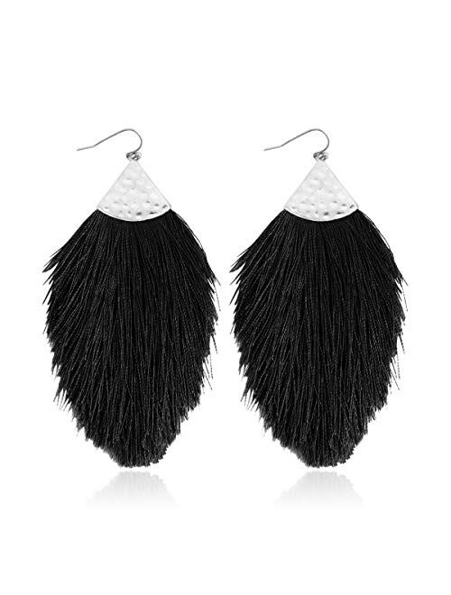 Riah Fashion Bohemian Silky Thread Fan Fringe Tassel Statement Earrings - Lightweight Strand Feather Shape Dangles