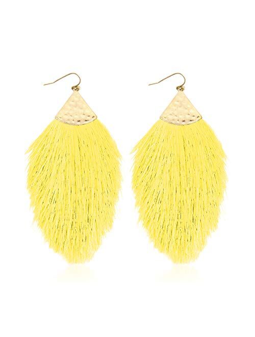 Riah Fashion Bohemian Silky Thread Fan Fringe Tassel Statement Earrings - Lightweight Strand Feather Shape Dangles