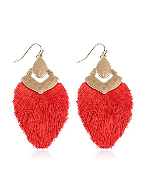 Riah Fashion Bohemian Silky Thread Fan Fringe Tassel Statement Earrings - Lightweight Strand Feather Shape Dangles