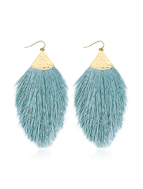 Riah Fashion Bohemian Silky Thread Fan Fringe Tassel Statement Earrings - Lightweight Strand Feather Shape Dangles