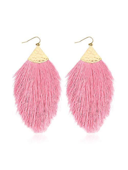 Riah Fashion Bohemian Silky Thread Fan Fringe Tassel Statement Earrings - Lightweight Strand Feather Shape Dangles