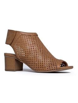 J. Adams Maddie Cutout Bootie - Adjustable Band Slip On Low Stacked Heel Shoes