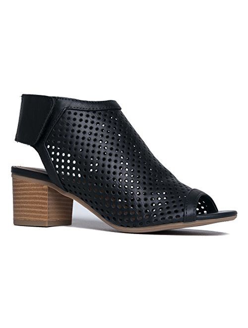 J. Adams Maddie Cutout Bootie - Adjustable Band Slip On Low Stacked Heel Shoes