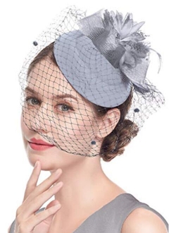 Cizoe Fascinator Hair Clip Pillbox Hat Bowler Feather Flower Veil Wedding Party Hat Tea Hat