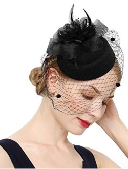 Cizoe Fascinator Hair Clip Pillbox Hat Bowler Feather Flower Veil Wedding Party Hat Tea Hat