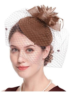 Cizoe Fascinator Hair Clip Pillbox Hat Bowler Feather Flower Veil Wedding Party Hat Tea Hat