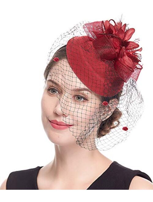 Cizoe Fascinator Hair Clip Pillbox Hat Bowler Feather Flower Veil Wedding Party Hat Tea Hat