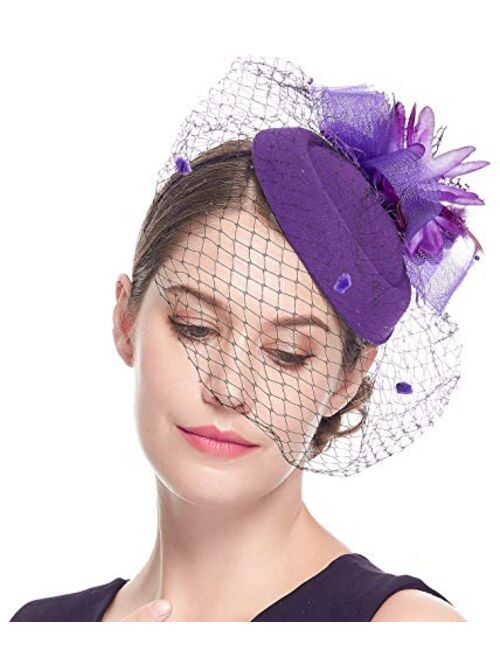 Cizoe Fascinator Hair Clip Pillbox Hat Bowler Feather Flower Veil Wedding Party Hat Tea Hat