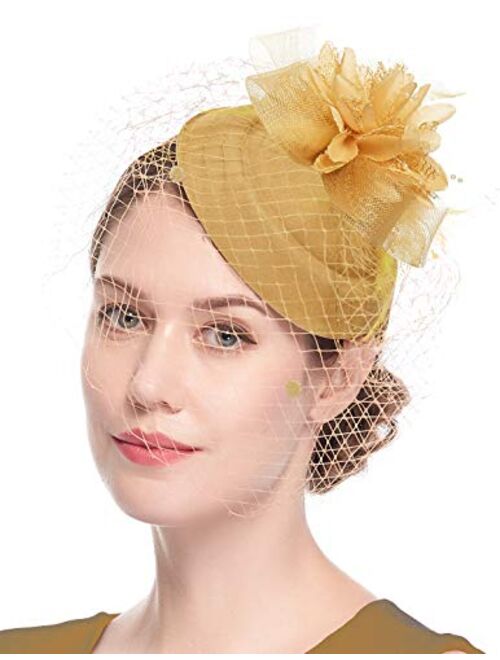 Cizoe Fascinator Hair Clip Pillbox Hat Bowler Feather Flower Veil Wedding Party Hat Tea Hat