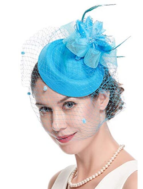 Cizoe Fascinator Hair Clip Pillbox Hat Bowler Feather Flower Veil Wedding Party Hat Tea Hat