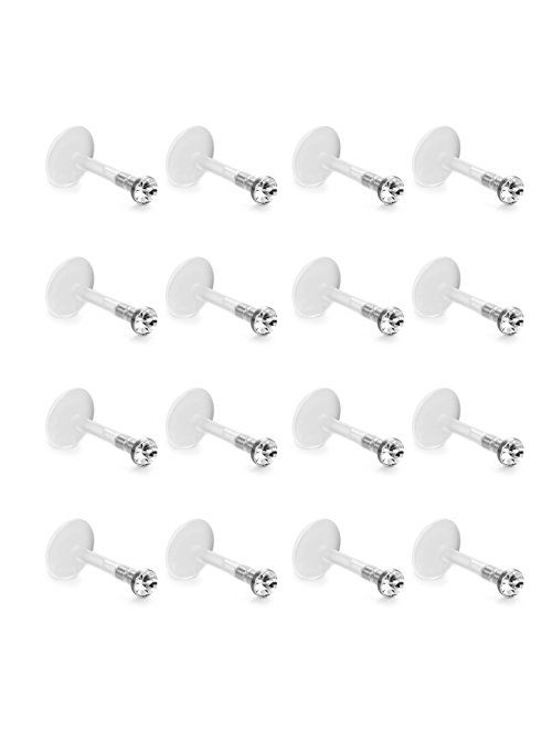 FIBO STEEL 16 Pcs 16G Clear Bioflex 2MM CZ Labret Monroe Lip Ring Helix Stud Earrings Body Jewelry Piercing