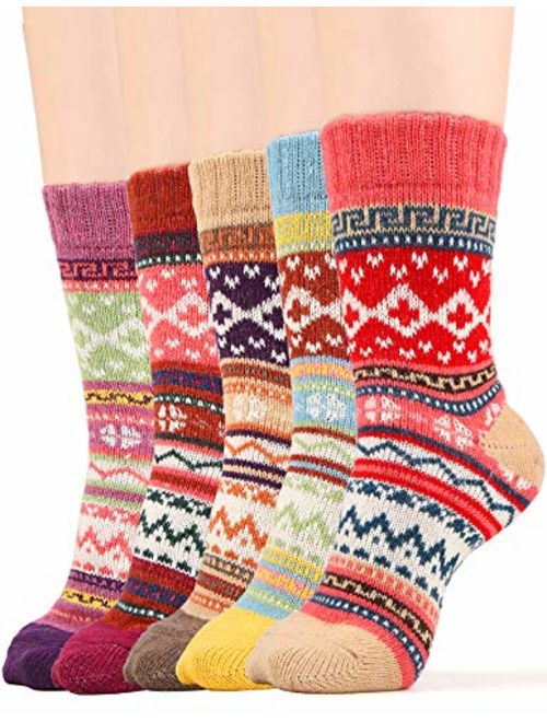 Women Winter Warm Socks Vintage Style Wool Blend Knit Crew Socks 5/6 Pairs