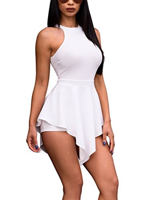 Ophestin Womens Zipper Halter Sleeveless Cutout Irregular Club Jumpsuit Rompers