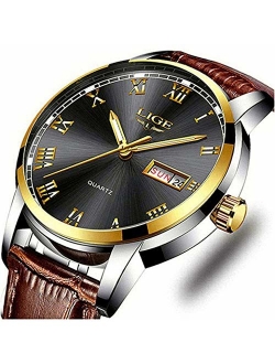 Men's Sport Quartz Watch Roman Numeral Fashion Analog Luminous Wristwatch with Calendar Date,Waterproof 30M Water Resistant Comfortable Leather Watches Brown