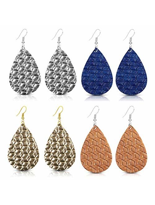 GIMEFIVE 4 Pairs Leather Teardrop Glitter Sequins Earring Lightweight Leaf Drop Bohemian Hollow Earrings for Women Girl