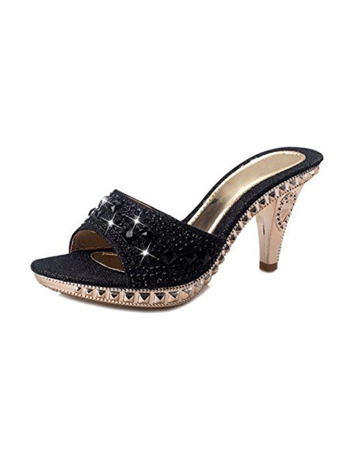 Paul Kevin Dress Sandals, Open Toe Slip-On Rhinestone Jeweled Dress Mules