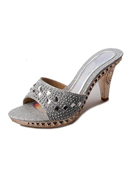 Paul Kevin Dress Sandals, Open Toe Slip-On Rhinestone Jeweled Dress Mules