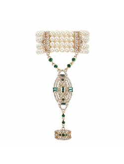 Metme 1920s Gatsby Accessories Imitation Pearls Rhinestone Bracelet Adjustable Ring Set