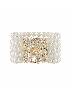 Metme 1920s Gatsby Accessories Imitation Pearls Rhinestone Bracelet Adjustable Ring Set