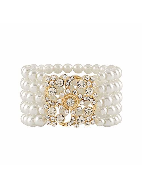 Metme 1920s Gatsby Accessories Imitation Pearls Rhinestone Bracelet Adjustable Ring Set