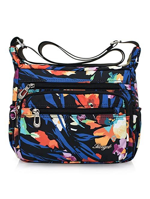 Nawoshow Nylon Floral Multi-Pocket Crossbody Purse Bags for Women Travel Shoulder Bag