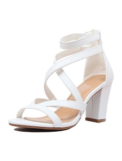 Womens Comfortable Strappy Chunky Block Sandal - Ankle Strap Open Toe Heeled Shoe Sandal