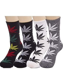 Lucky Ben 4pair-pack Marijuana Weed Leaf Printed Cotton High Socks, Mix Colors, fit for shoe size 7-11