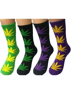 Lucky Ben 4pair-pack Marijuana Weed Leaf Printed Cotton High Socks, Mix Colors, fit for shoe size 7-11