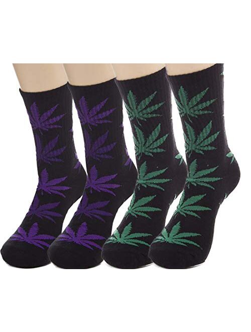 Lucky Ben 4pair-pack Marijuana Weed Leaf Printed Cotton High Socks, Mix Colors, fit for shoe size 7-11