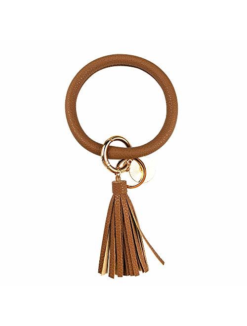 Leather Keychain Bracelet Key Ring Bangle Keyring, Tassel Ring Circle Key Ring Keychain Wristlet for Women Girls Free Your Hands