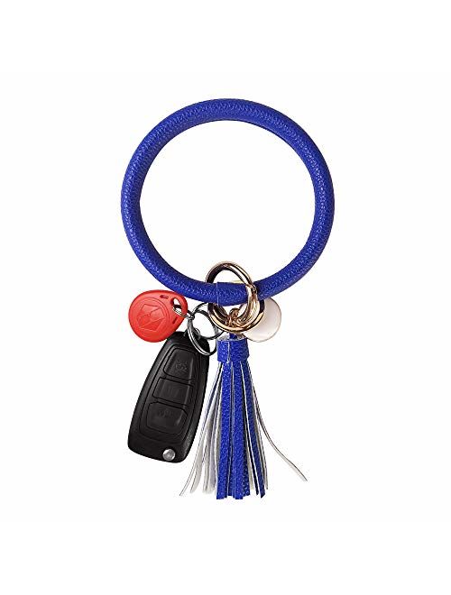 Leather Keychain Bracelet Key Ring Bangle Keyring, Tassel Ring Circle Key Ring Keychain Wristlet for Women Girls Free Your Hands