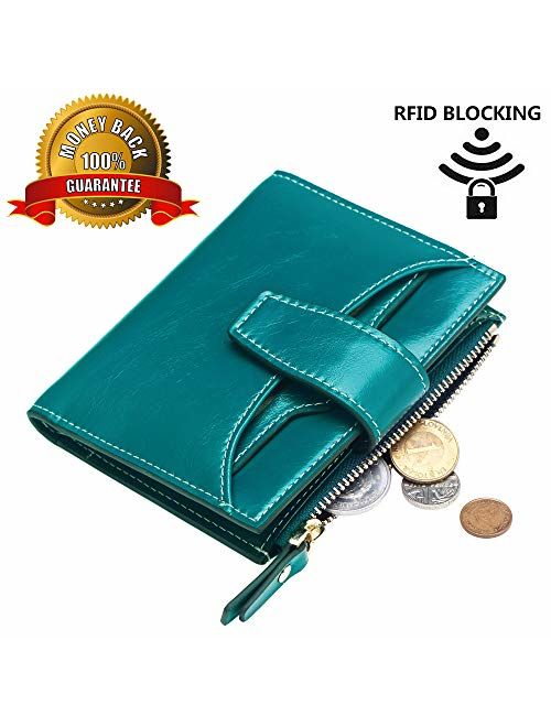 FT FUNTOR RFID Leather Wallet for Women, Ladies Card Holder Wallet, Small Compact Bifold Pocket Wallet with ID Window