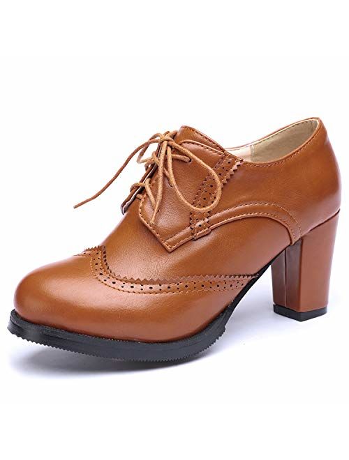 Odema Womens PU Leather Oxfords Brogue Wingtip Lace up Dress Shoes Chunky High Heels Pumps Oxfords