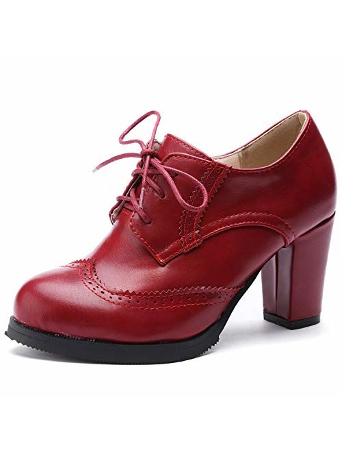 Odema Womens PU Leather Oxfords Brogue Wingtip Lace up Dress Shoes Chunky High Heels Pumps Oxfords