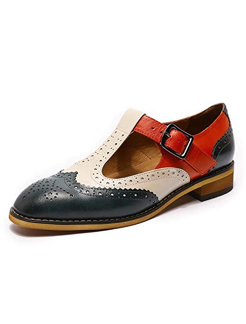 Mona flying Women's Leather Perforated Lace-up Oxfords Brogue Wingtip Derby Saddle Shoes for Girls ladis Women