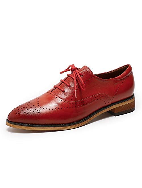 Mona flying Women's Leather Perforated Lace-up Oxfords Brogue Wingtip Derby Saddle Shoes for Girls ladis Women