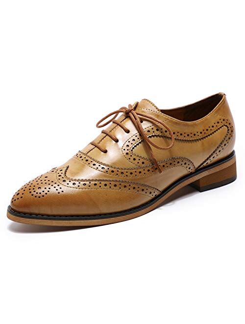 Mona flying Women's Leather Perforated Lace-up Oxfords Brogue Wingtip Derby Saddle Shoes for Girls ladis Women