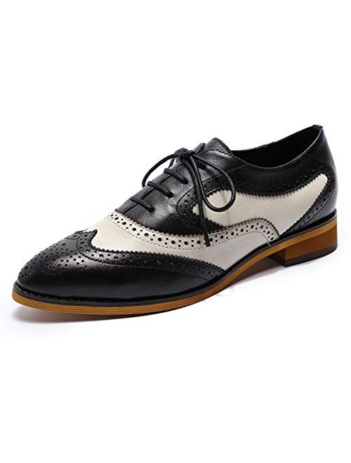 Mona flying Women's Leather Perforated Lace-up Oxfords Brogue Wingtip Derby Saddle Shoes for Girls ladis Women