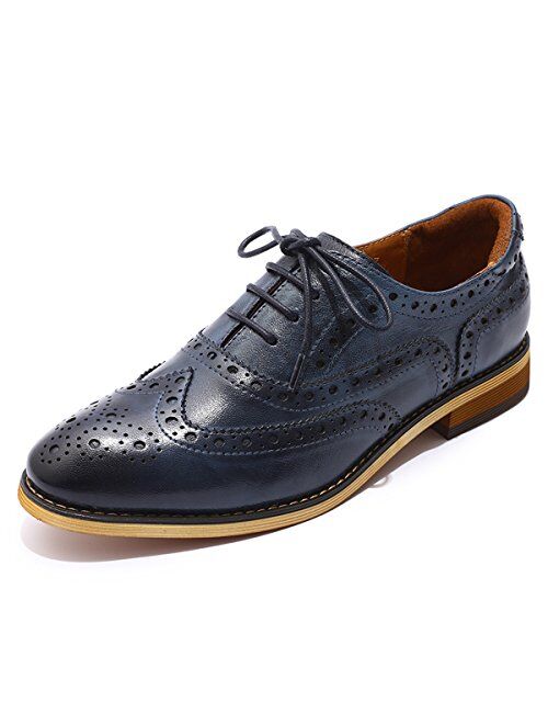 Mona flying Women's Leather Perforated Lace-up Oxfords Brogue Wingtip Derby Saddle Shoes for Girls ladis Women