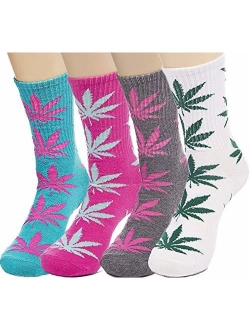 Lucky Ben 4pair-pack Marijuana Weed Leaf Printed Cotton High Socks, Mix Colors, fit for shoe size 7-11