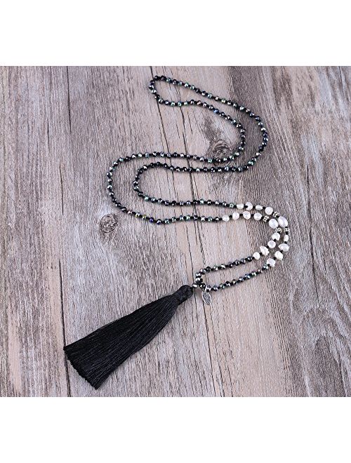 KELITCH Long Tassel Necklace Handmade Shell Pearl Crystal Beads Necklace for Women