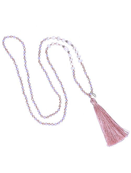 KELITCH Long Tassel Necklace Handmade Shell Pearl Crystal Beads Necklace for Women