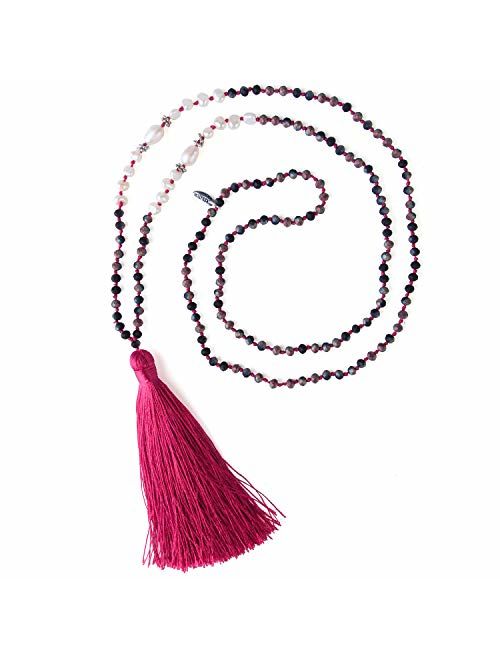 KELITCH Long Tassel Necklace Handmade Shell Pearl Crystal Beads Necklace for Women