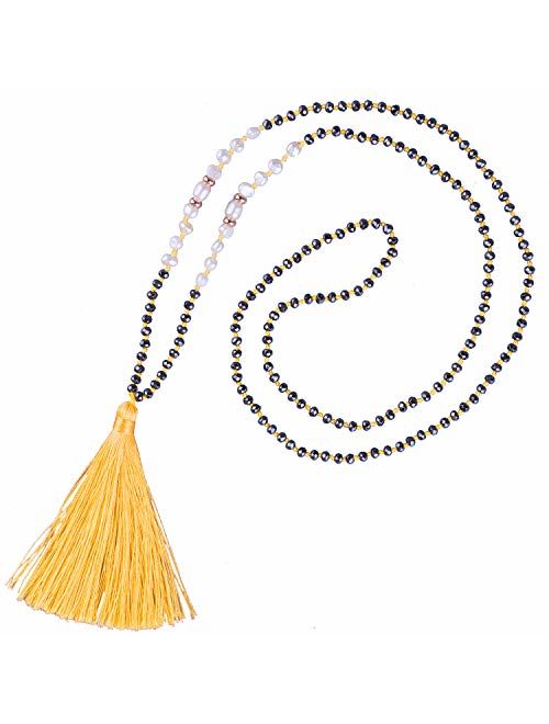 KELITCH Long Tassel Necklace Handmade Shell Pearl Crystal Beads Necklace for Women