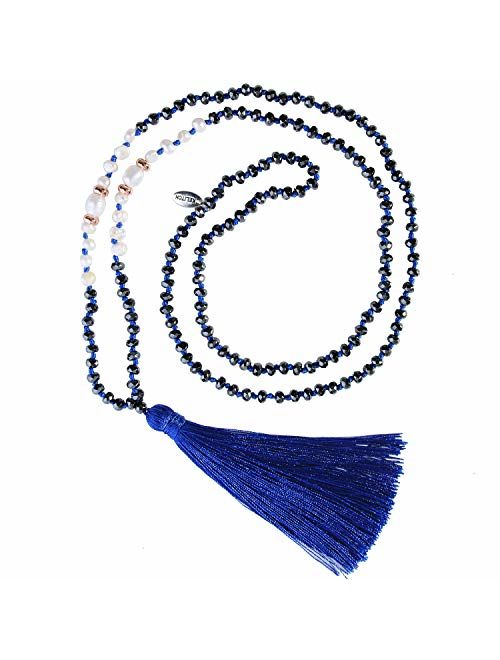 KELITCH Long Tassel Necklace Handmade Shell Pearl Crystal Beads Necklace for Women