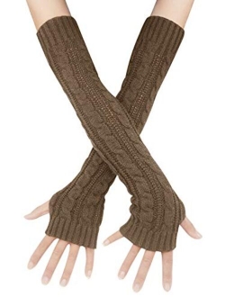 Womens Winter Warm Over Elbow Long Fingerless Thumb Hole Gloves Mittens Knitted Arm Warmer