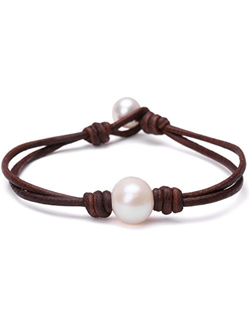 Single Cultured Freshwater Pearl Bracelet Handmade Leather Pearl Jewelry for Women Girls 7''