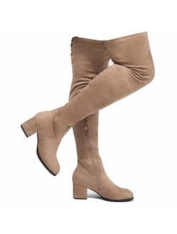 Shoe Land CARAA Womens Suede Thigh High Stretchy Boots- Block Heel Side Zipper Back Lace Over The Knee Casual Boots