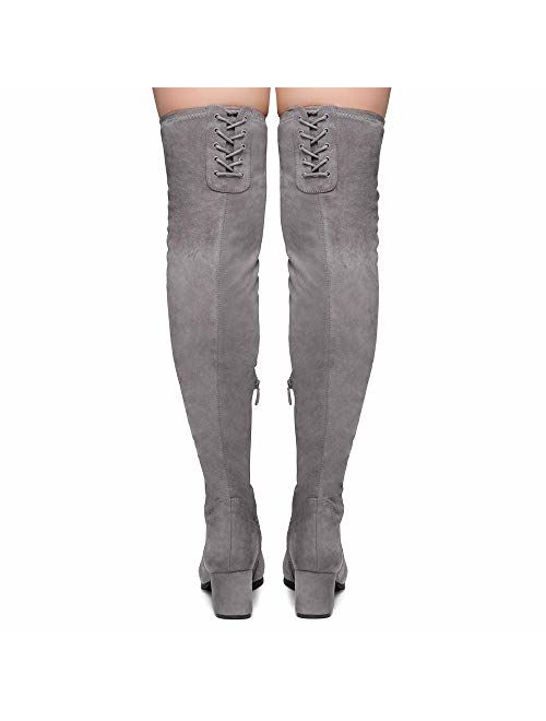 Shoe Land CARAA Womens Suede Thigh High Stretchy Boots- Block Heel Side Zipper Back Lace Over The Knee Casual Boots