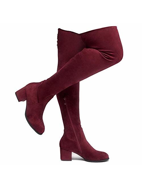 Shoe Land CARAA Womens Suede Thigh High Stretchy Boots- Block Heel Side Zipper Back Lace Over The Knee Casual Boots